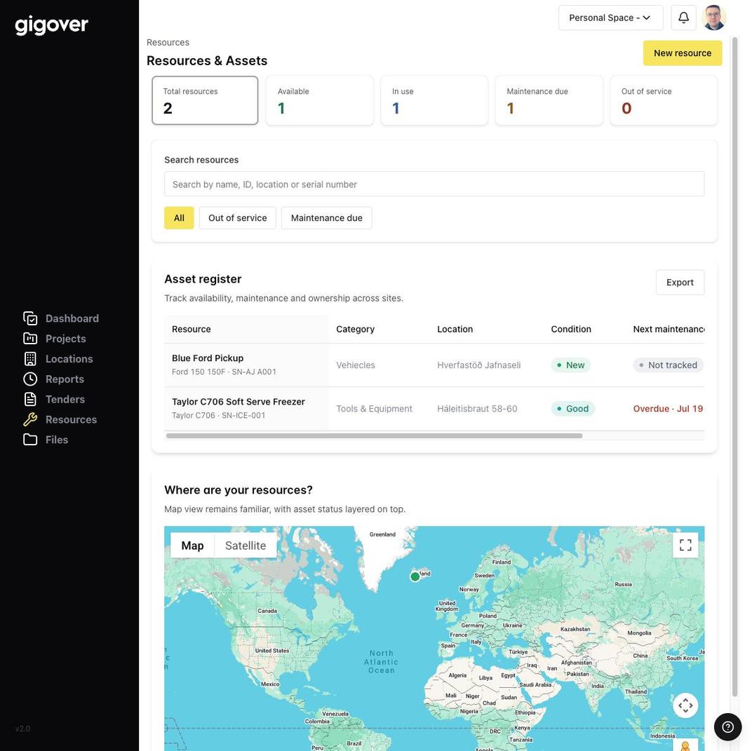 Gigover asset register with resource condition, location and next maintenance date, plus a map view
