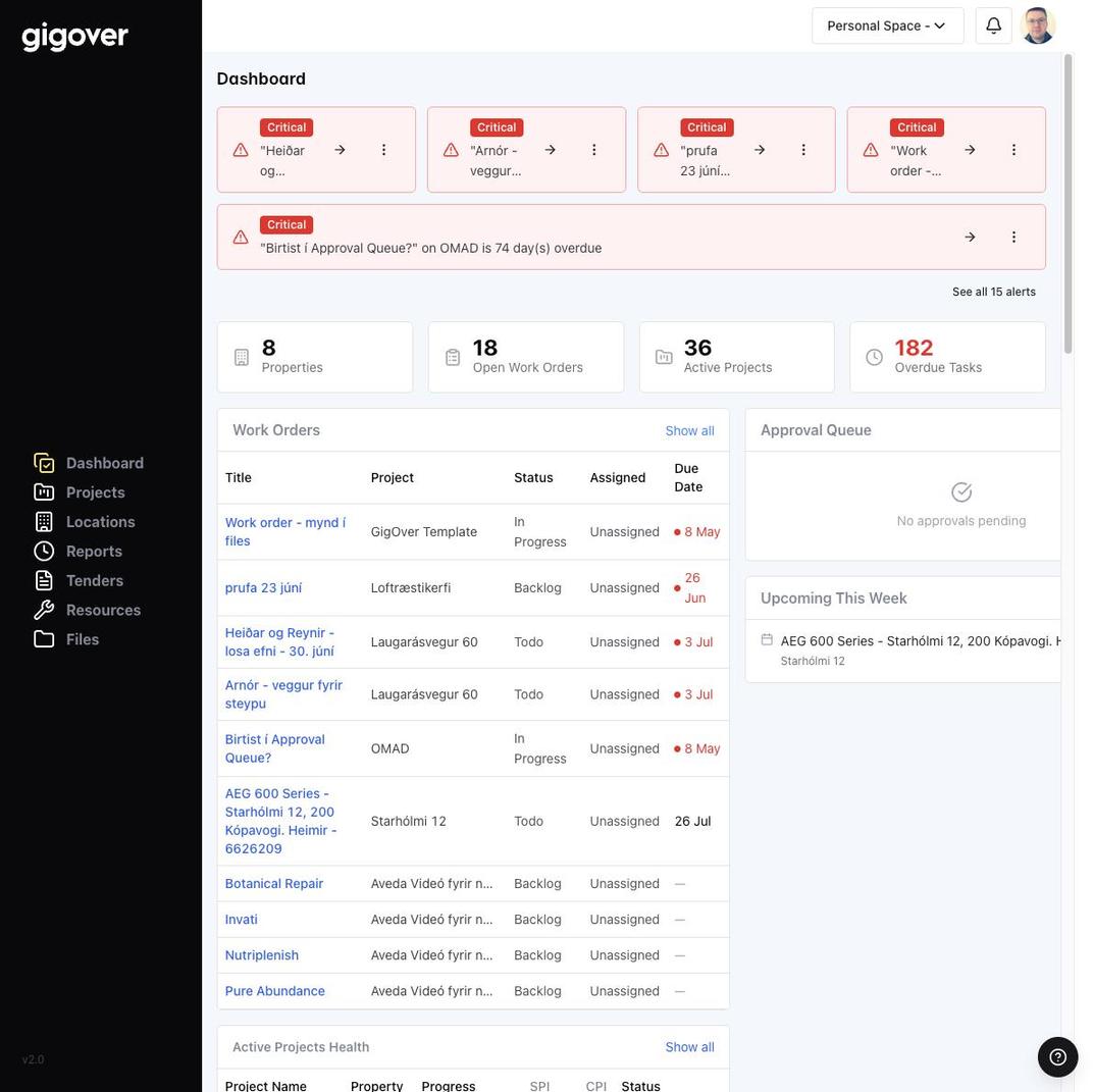 Gigover work orders list with status, assignee and due date